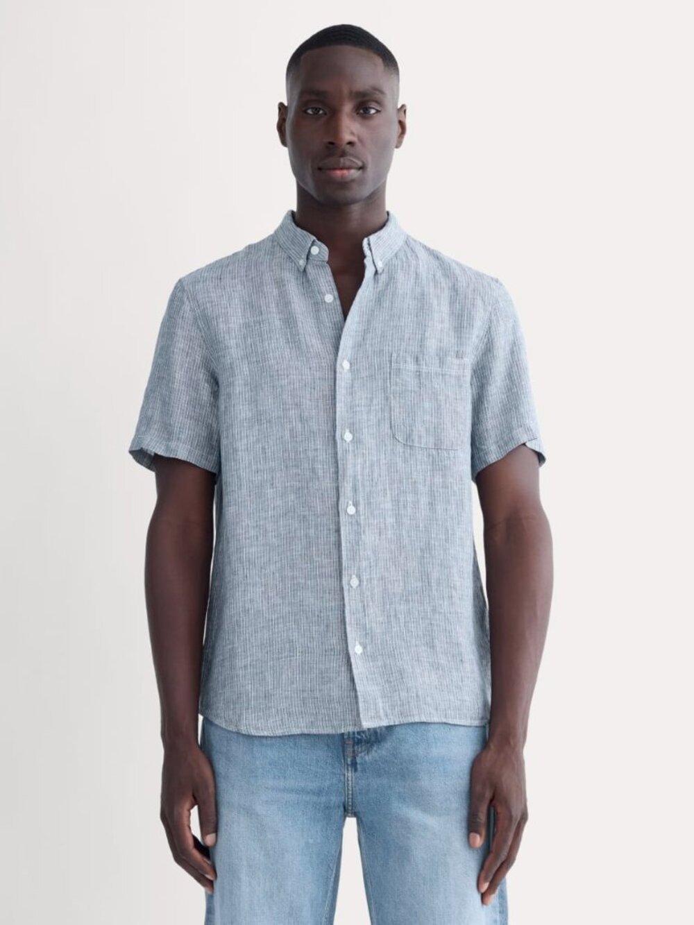 Everlane Blue White Striped European Flax Linen Button Down Short Sleeve Top